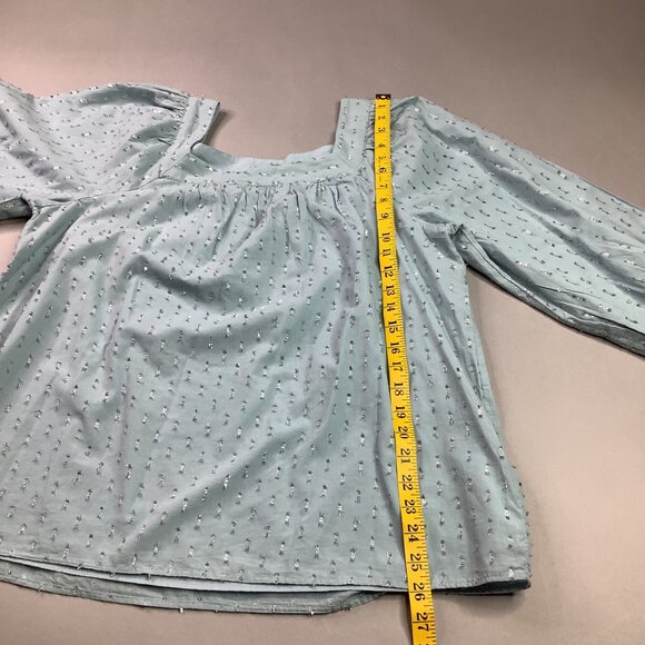 Womens Light Blue 3/4 Puff Sleeve Top Square Neck Silver Embroidery Pattern Lg - Picture 3 of 7